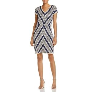 Nic+Zoe Spanish Stripe Chevron Blue Cream Knit Sweater Size SP